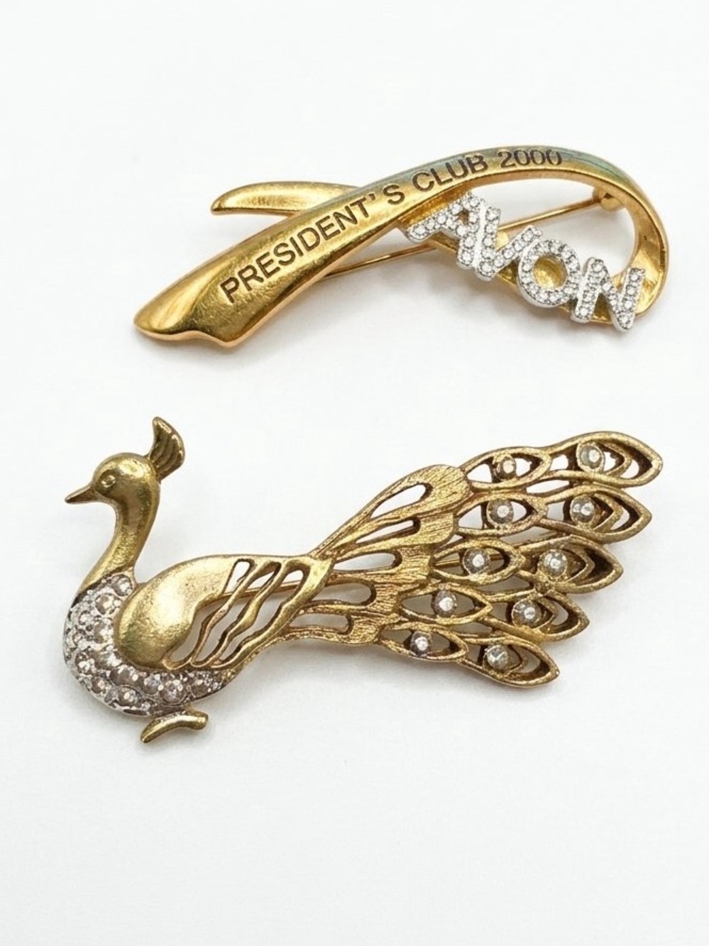 Vintage Avon and Peacock Brooch with Rhinestones -